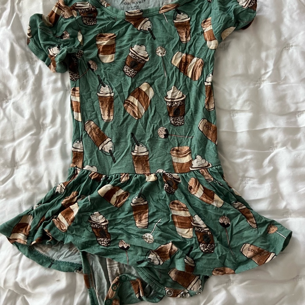 Posh Peanut Barista Starbucks Green Coffee Print Kids Casual Dress